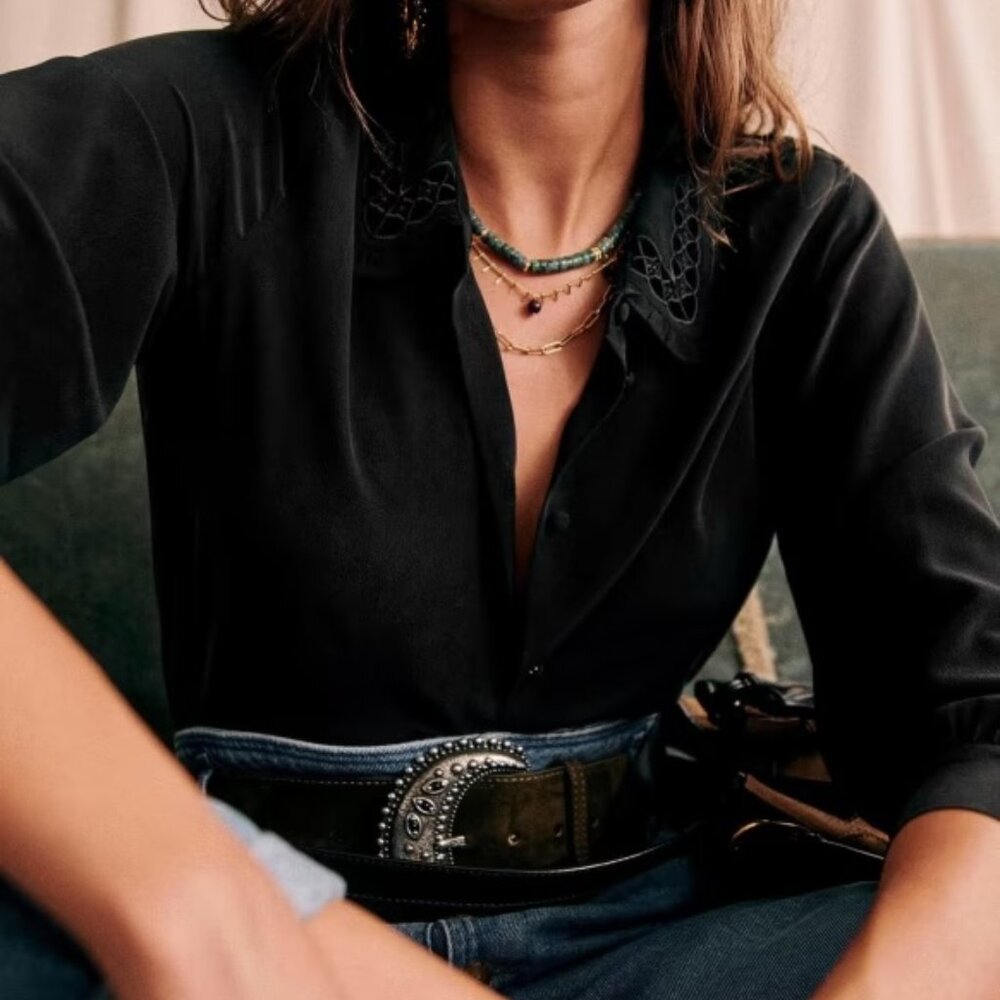 Sezane Black Embroidered-Collar Button Blouse